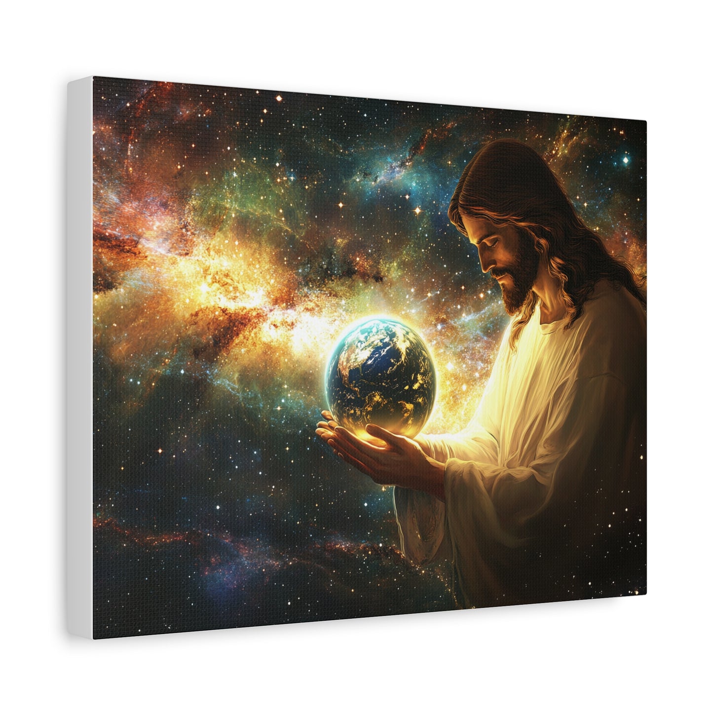 🌍 Ježíš držící Zemi – Obraz světla, ochrany a vesmírné lásky
