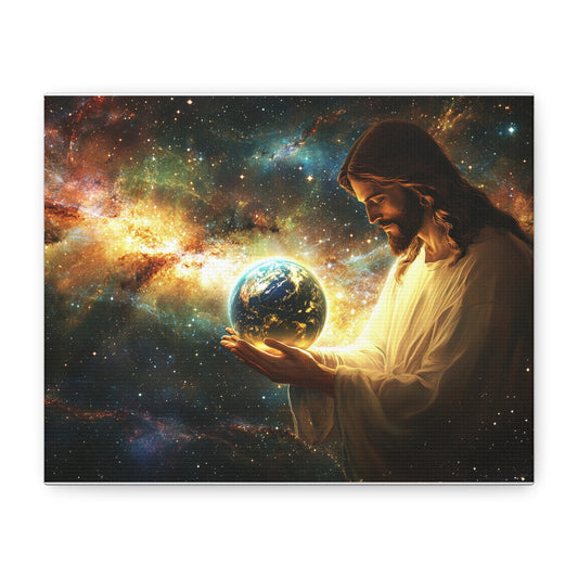 🌍 Ježíš držící Zemi – Obraz světla, ochrany a vesmírné lásky