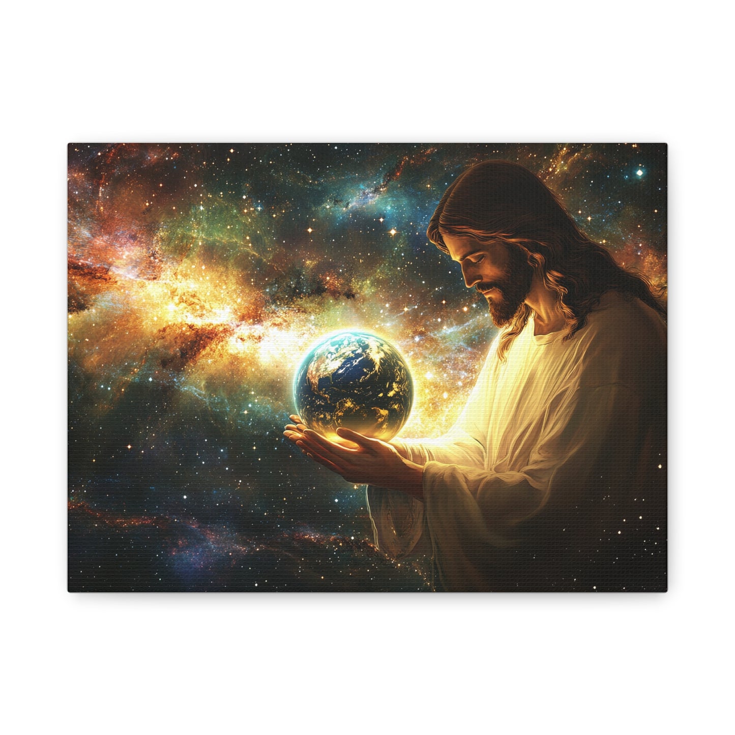 🌍 Ježíš držící Zemi – Obraz světla, ochrany a vesmírné lásky